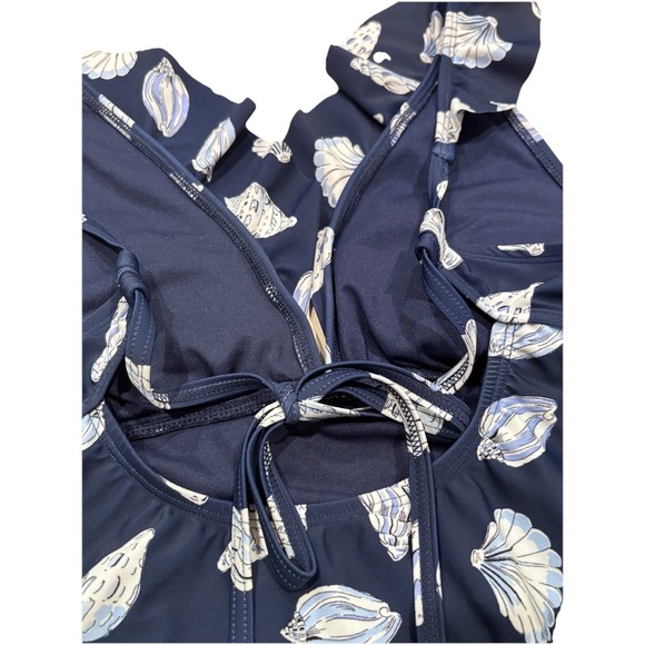 Ellen Tracy One Piece Swimsuit Sz 10 Navy Ruched Ruffle Strap Seashells - Picture 8 of 9